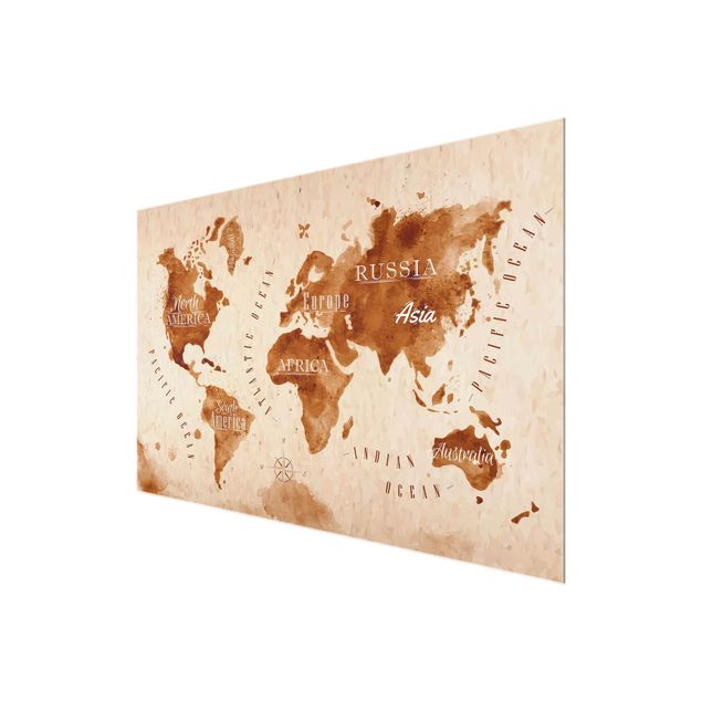 Glass print - World Map Watercolour Beige Brown