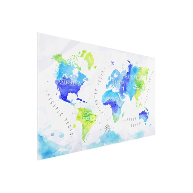 Glass print - World Map Watercolour Blue Green