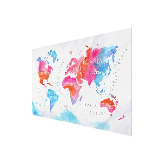 Glass print - World Map Watercolour Red Blue