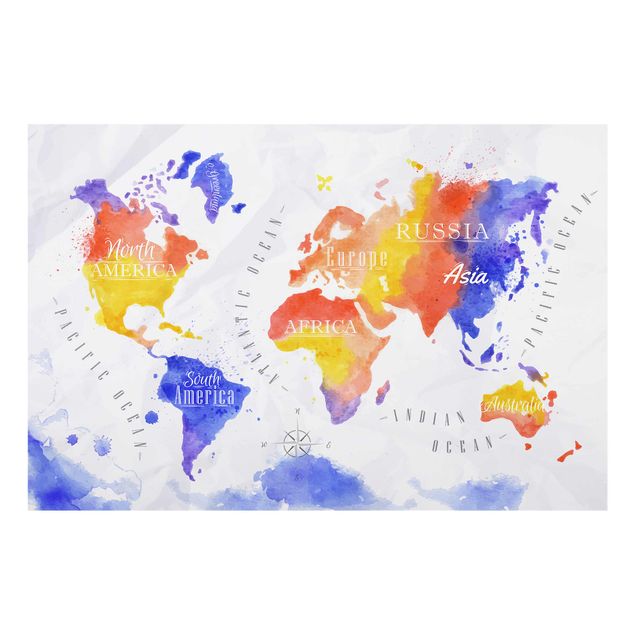 Glass print - World Map Watercolour Purple Red Yellow