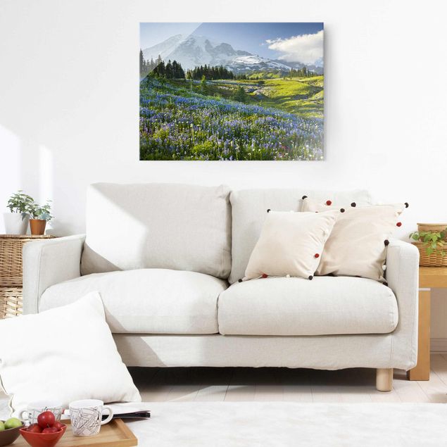 Glass print - Mountain Meadow With Blue Flowers in Front of Mt. Rainier