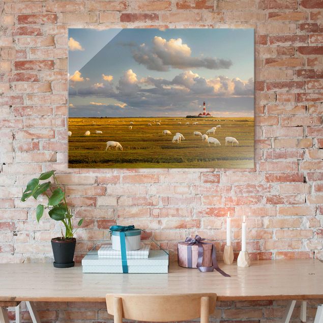 Glass print - North Sea Lighthouse With Flock Of Sheep
