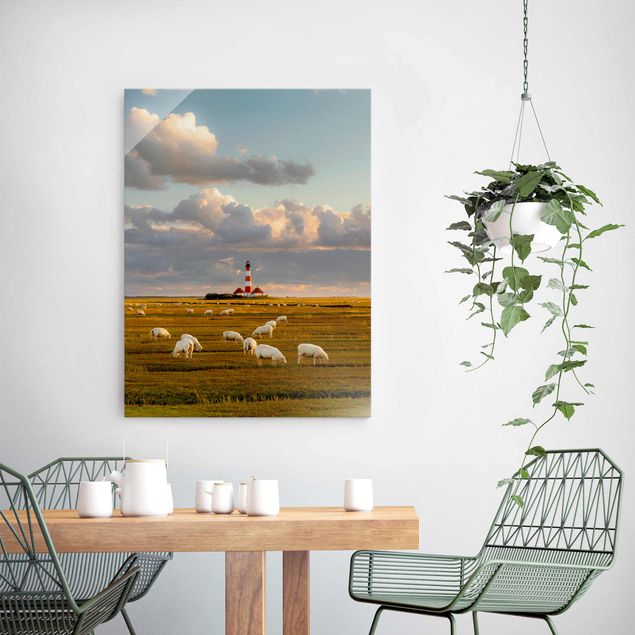 Glass print - North Sea Lighthouse With Flock Of Sheep
