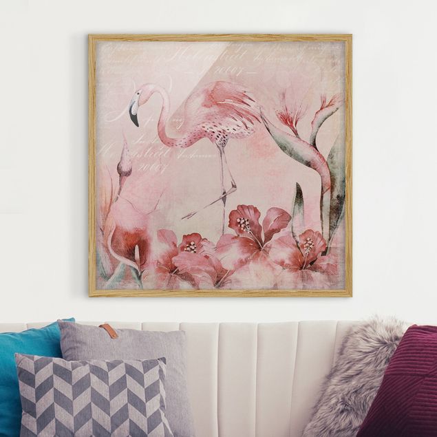 Framed poster - Shabby Chic Collage - Flamingo