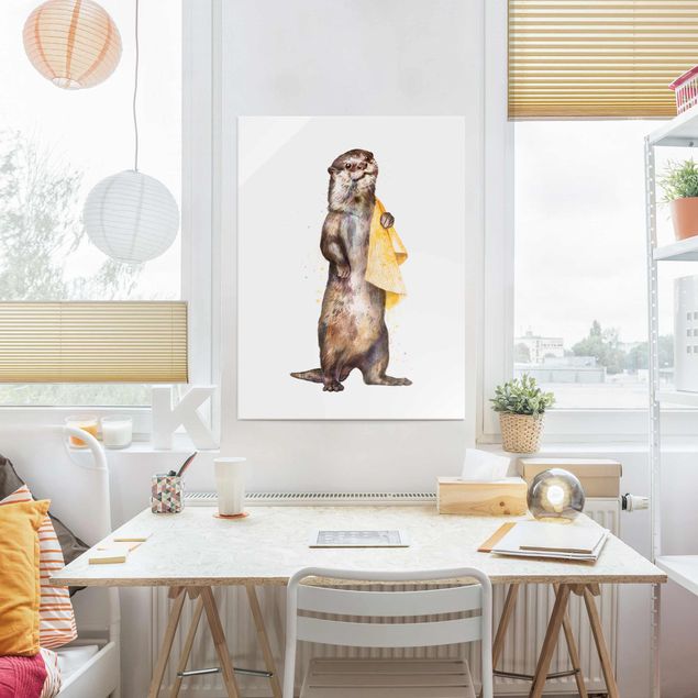 Glass print - Illustration Otter With Towel Painting White