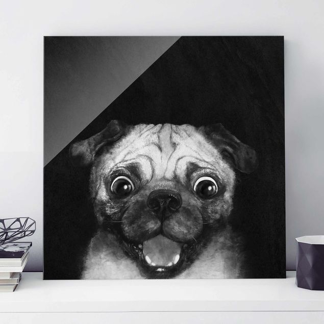 Glass print - Illustration Dog Pug Painting On Black And White