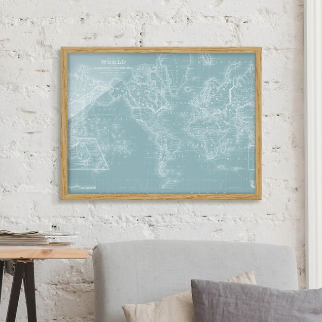 Framed poster - World Map In Ice Blue