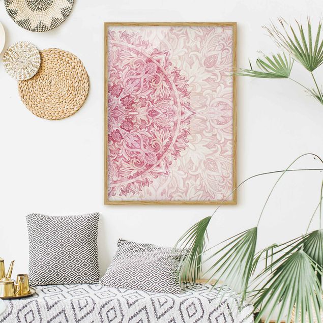 Framed poster - Mandala WaterColours Ornament Semicircle Light Pink Beige