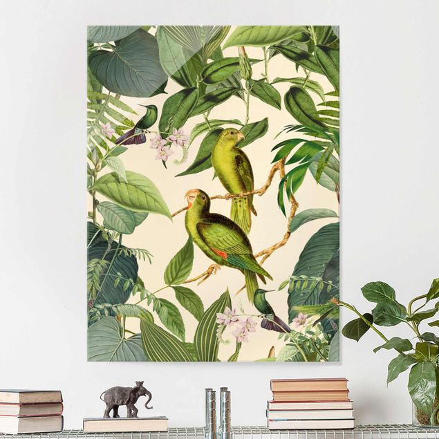 Glas Magnetboard Vintage Collage - Parrots In The Jungle