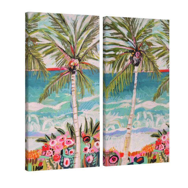 Print on canvas - Palm Tree With Pink Flowers Set I