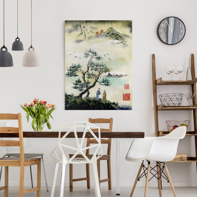Print on canvas - Japanese Watercolour Drawing Pine And Mountain Village