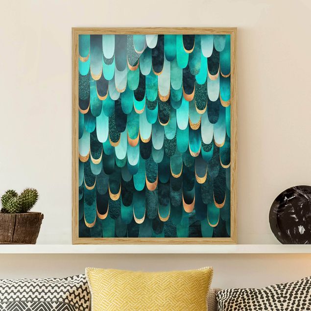 Framed poster - Feathers Gold Turquoise