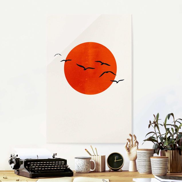 Magnettafel Glas Flock Of Birds In Front Of Red Sun I