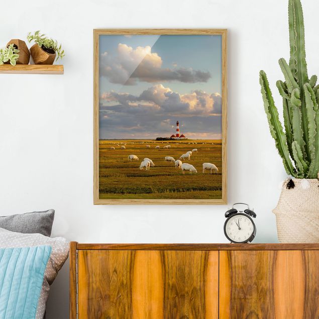 Framed poster - North Sea Lighthouse With Flock Of Sheep