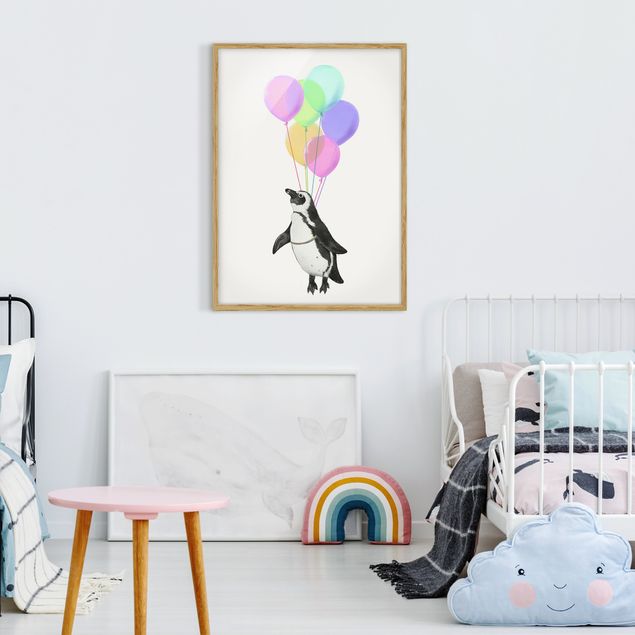 Framed poster - Illustration Penguin Pastel Balloons