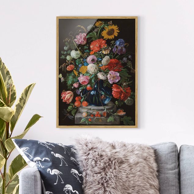 Framed poster - Jan Davidsz de Heem - Tulips, a Sunflower, an Iris and other Flowers in a Glass Vase on the Marble Base of a Column