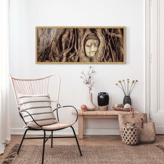 Framed poster - Buddha In Ayutthaya Lined From Tree Roots In Brown