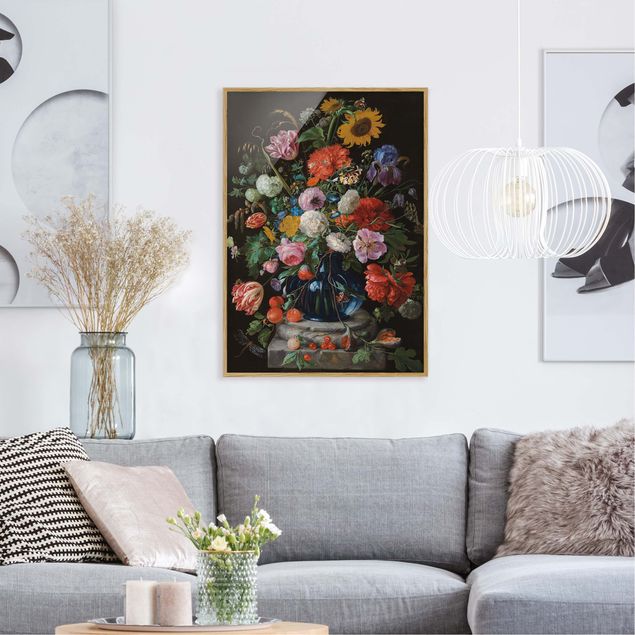 Framed poster - Jan Davidsz de Heem - Tulips, a Sunflower, an Iris and other Flowers in a Glass Vase on the Marble Base of a Column