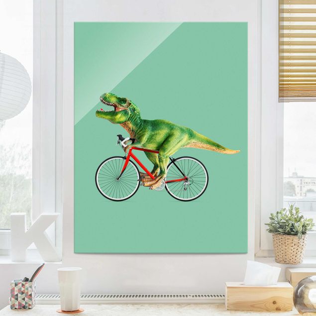 Glass print - Dinosaur With Bicycle