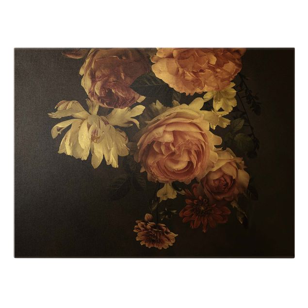 Canvas print gold - Pink Flowers On Black Vintage
