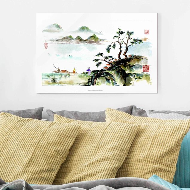 Glas Magnetboard Japanese Watercolour Drawing Lake And Mountains