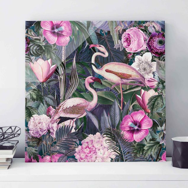 Glas Magnettafel Colourful Collage - Pink Flamingos In The Jungle