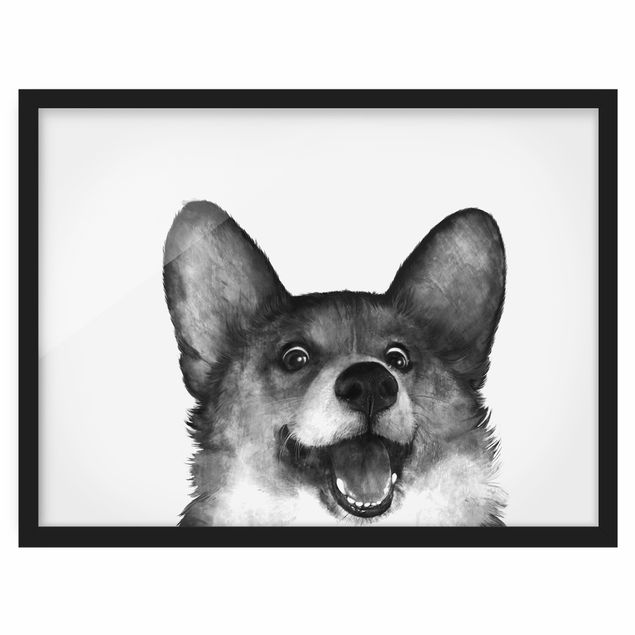 Framed poster - Illustration Dog Corgi Black And White Painting