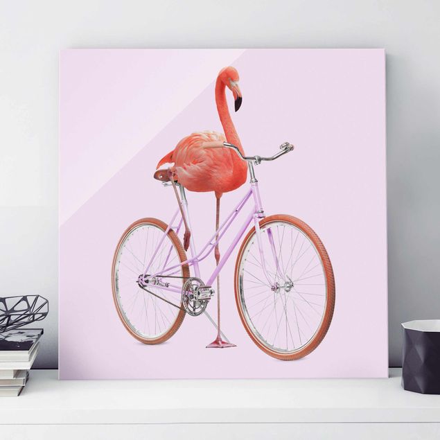 Glas Magnettafel Flamingo With Bicycle