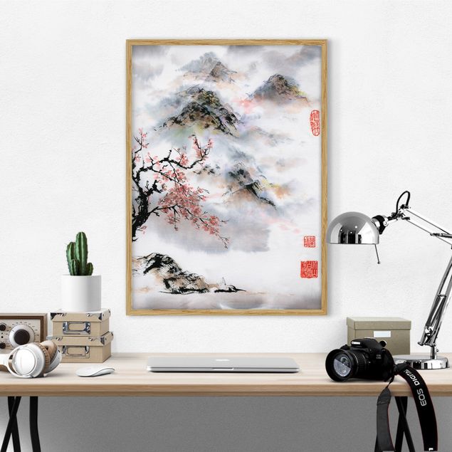 Framed poster - Japanese Watercolour Drawing Cherry Tree And Mountains