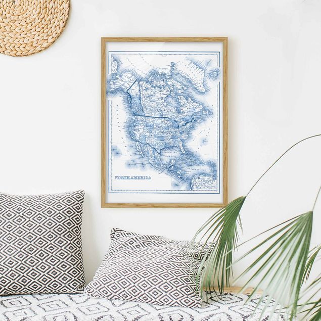Framed poster - Map In Blue Tones - North America