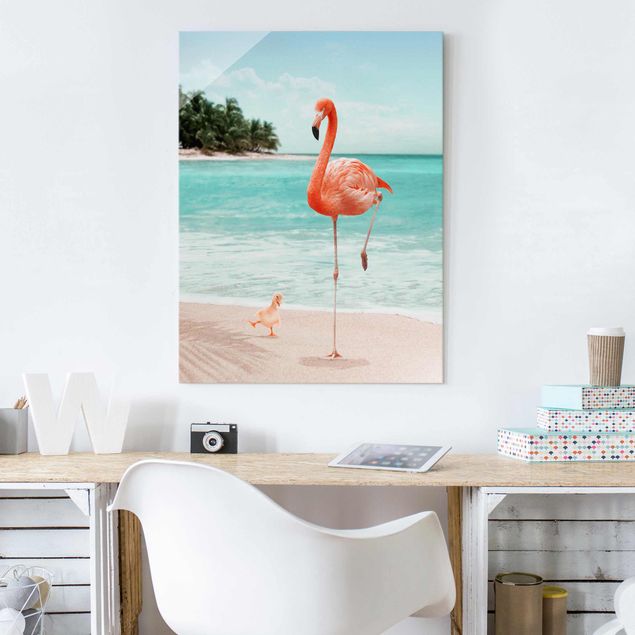 Magnettafel Glas Beach With Flamingo
