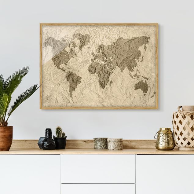 Framed poster - Paper World Map Beige Brown
