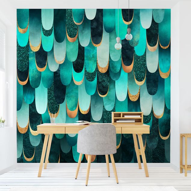 Wallpaper - Feathers Gold Turquoise