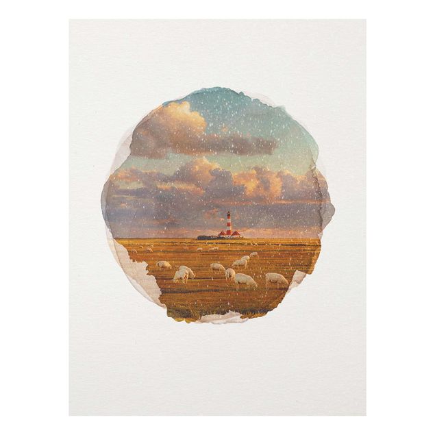 Glass print - WaterColours - North Sea Lighthouse With Sheep Herd