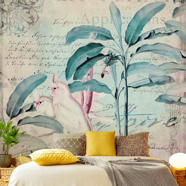 Wallpaper - Colonial Style Collage - Cockatoos And Palm Trees