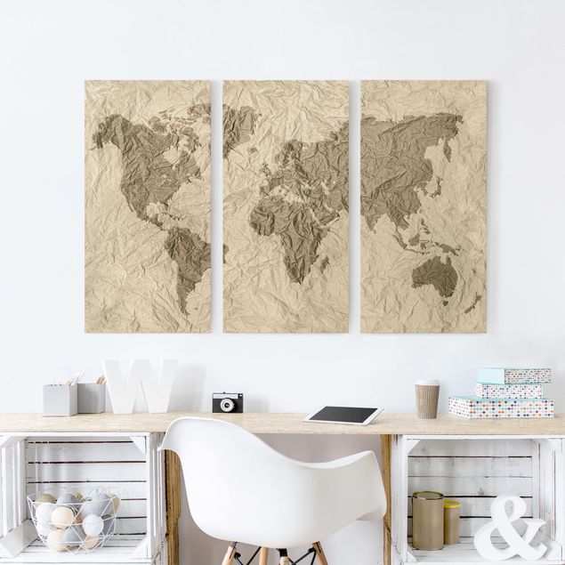 Print on canvas 3 parts - Paper World Map Beige Brown