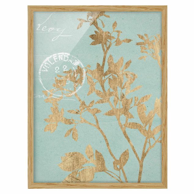 Framed poster - Golden Leaves On Turquoise II