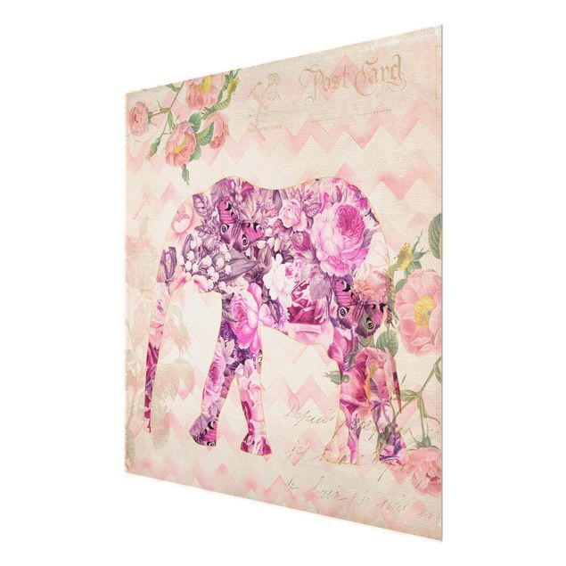 Glass print - Vintage Collage - Pink Flowers Elephant