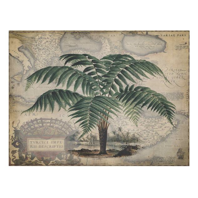 Print on canvas - Vintage Collage - Palm And World Map