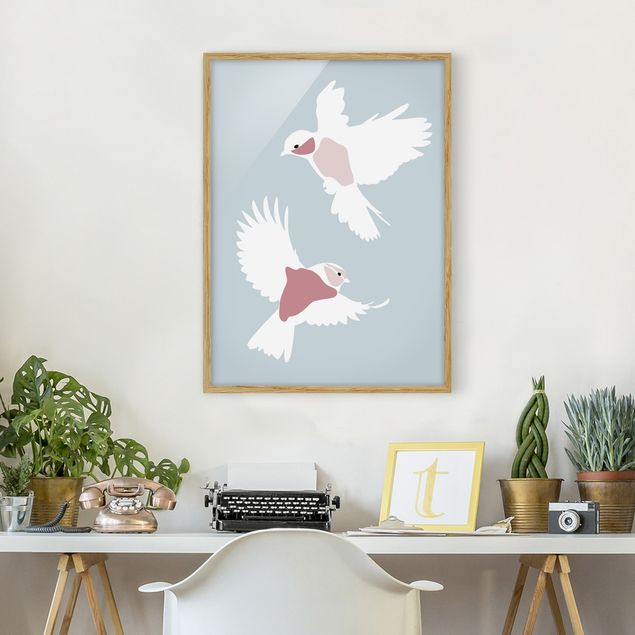 Framed poster - Line Art Pigeons Pastel