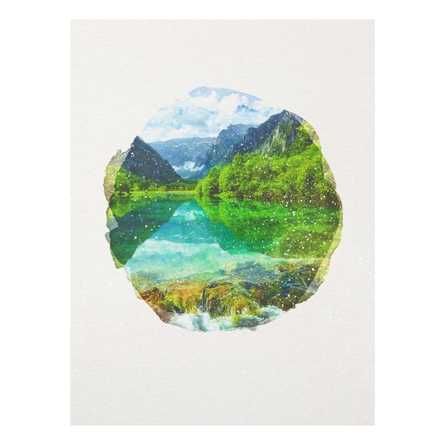 Glass print - WaterColours - Mountain Lake With Mirroring