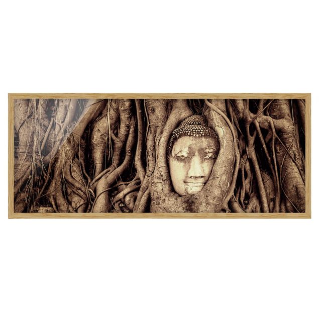Framed poster - Buddha In Ayutthaya Lined From Tree Roots In Brown