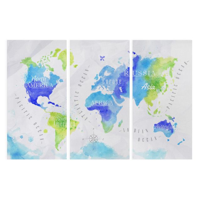 Print on canvas 3 parts - World Map Watercolour Blue Green