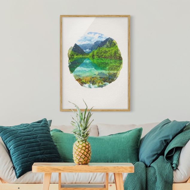 Framed poster - WaterColours - Mountain Lake With Mirroring
