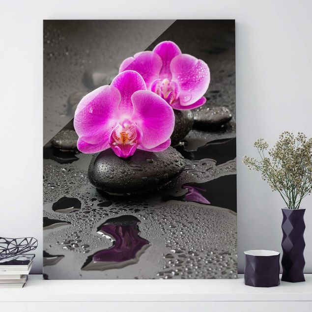 Glas Magnetboard Pink Orchid Flower On Stones With Drops