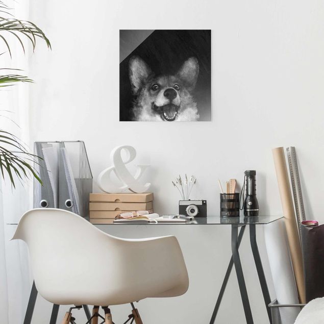 Glas Magnettafel Illustration Dog Corgi Paintig Black And White
