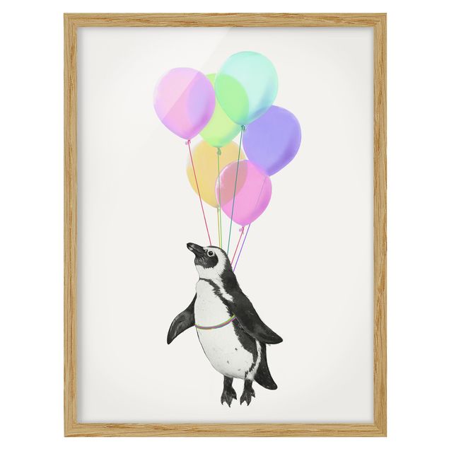 Framed poster - Illustration Penguin Pastel Balloons