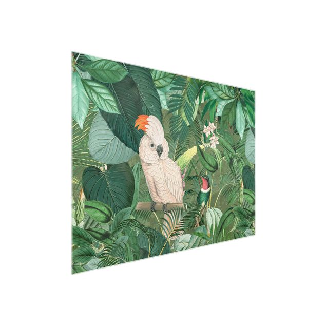Glass print - Vintage Collage - Kakadu And Hummingbird