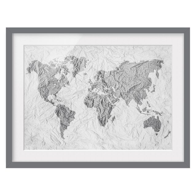 Framed poster - Paper World Map White Grey