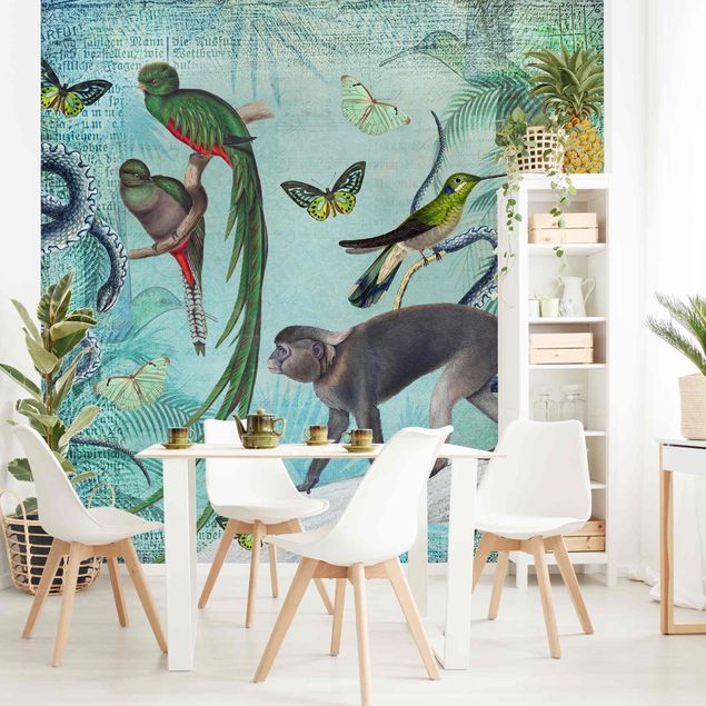 Wallpaper - Colonial Style Collage - Monkeys And Birds Of Paradise